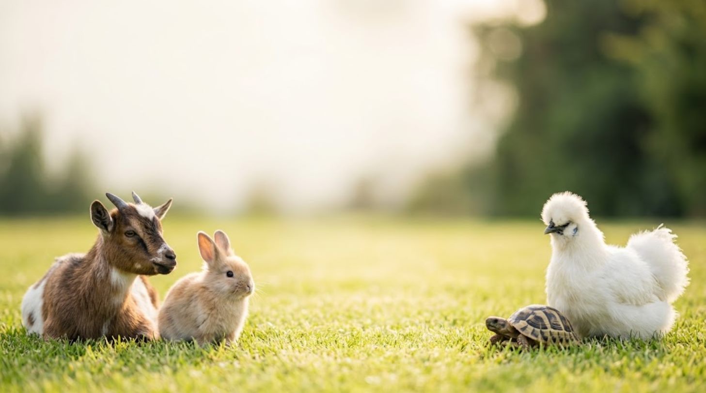 Zwergziege, Kaninchen, Schildkröte und Seidenhuhn gemeinsam auf einer Wiese