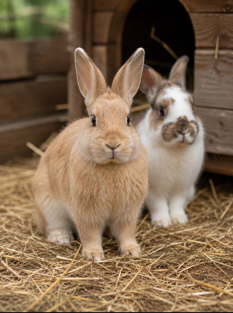 Zwei Kaninchen im Stroh vor ihrem Häuschen