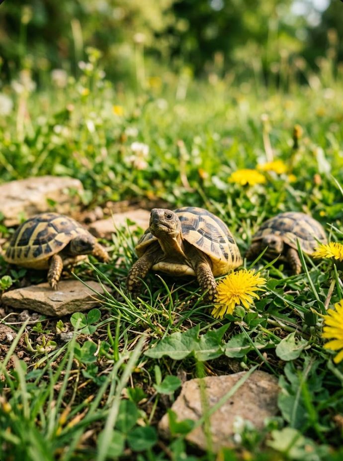 Landschildkröten-Babys auf der Wiese zwischen Löwenzahn