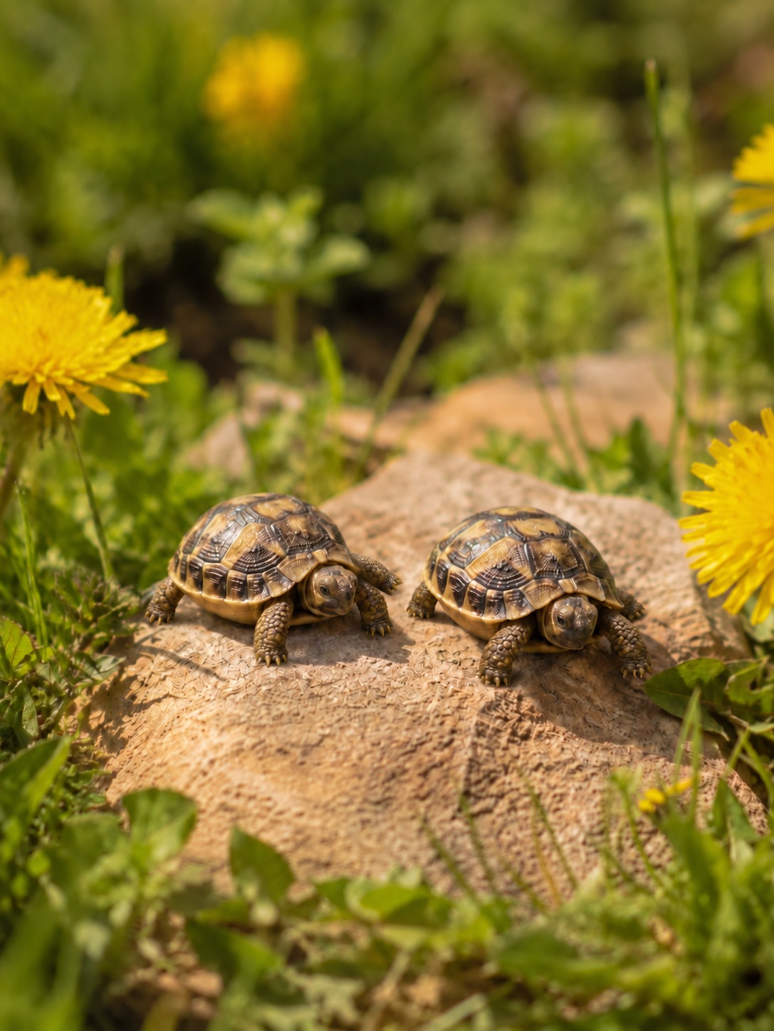 Zwei griechische Landschildkröten-Babys auf einem Stein neben Löwenzahn