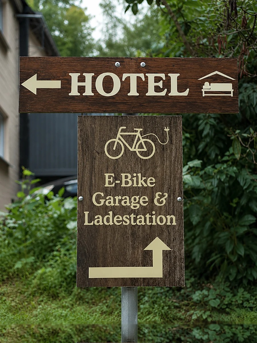 Holzschild am Hotel: E-Bike Garage und Ladestation